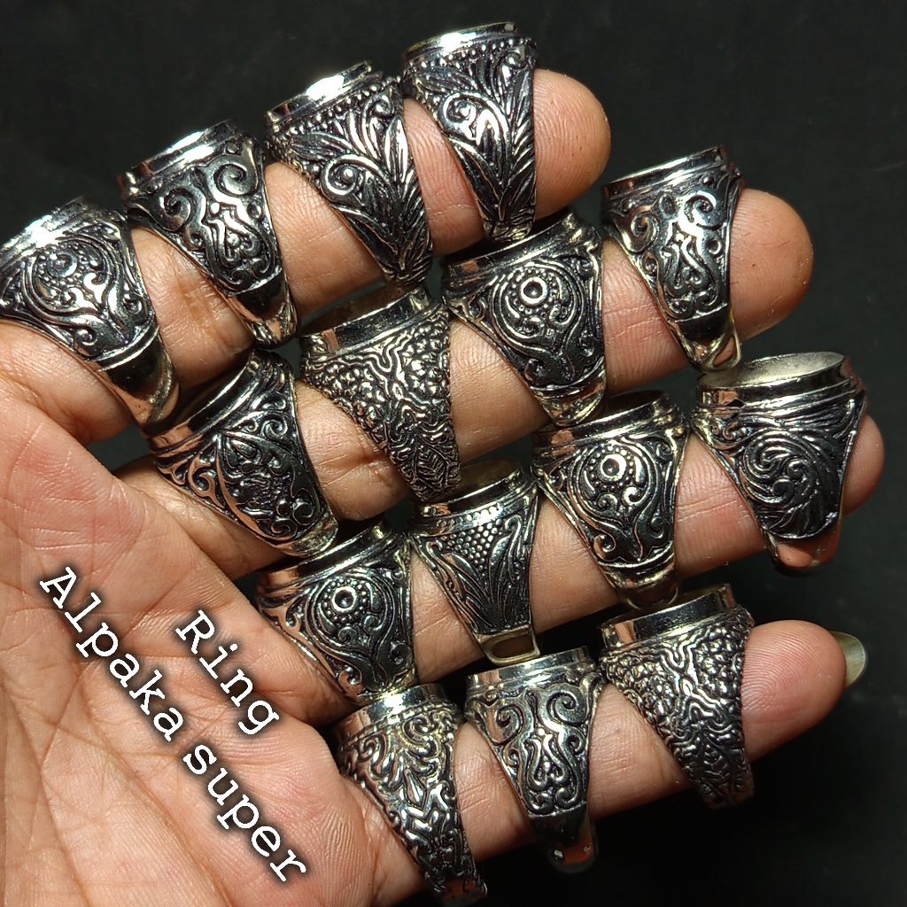 Ring alpaka super hitan/ring alpaka ukir kerancang/Ring alpaka super kodian size 7-8-9
