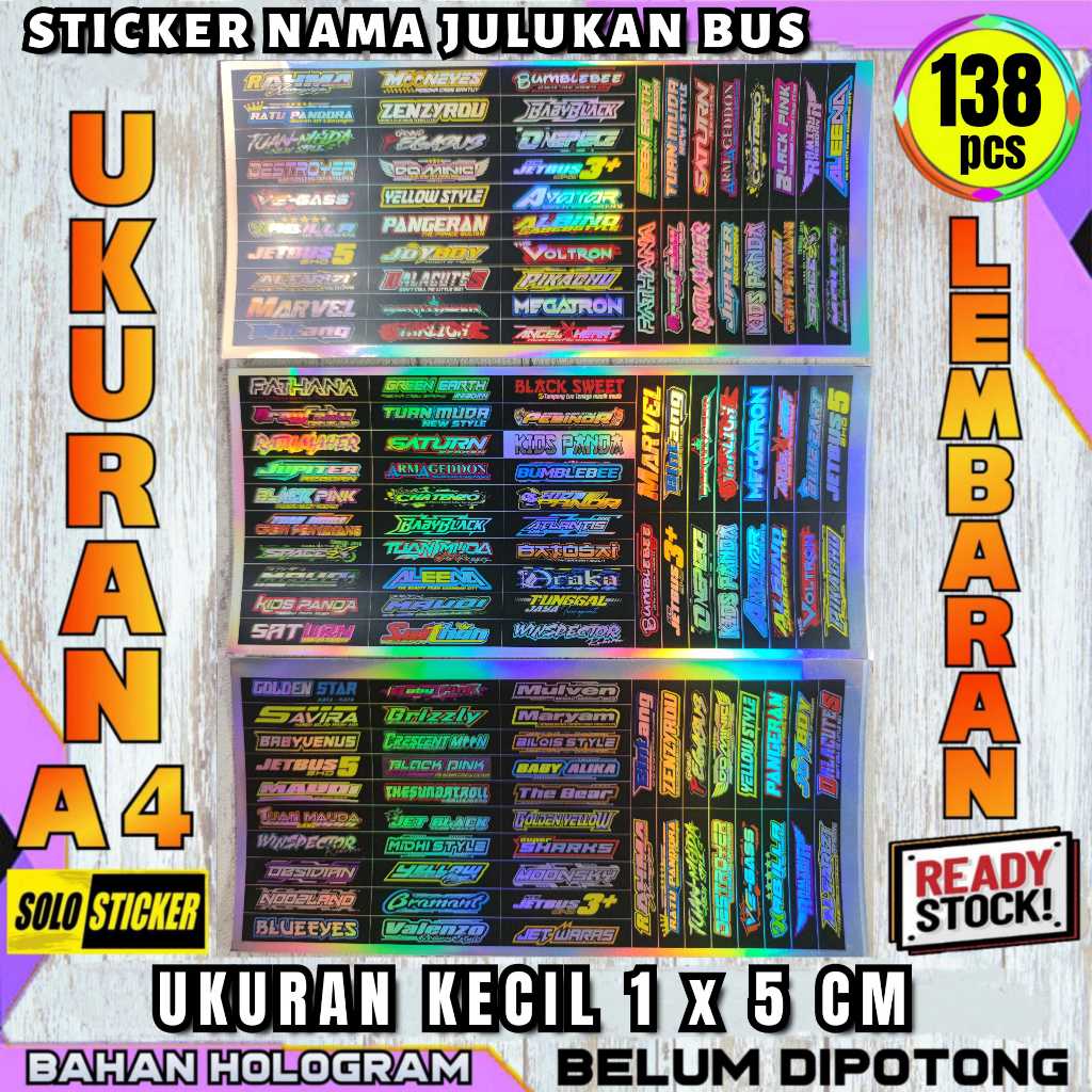 

138 pcs Sticker Nama Julukan Bus Hologram Lembaran A4 Anti Air Belum Dipotong