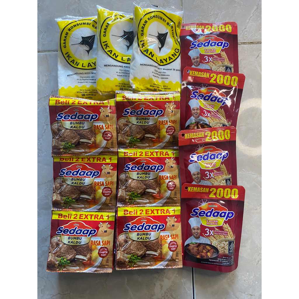 

PAKET 3 VARIAN KECAP SEDAP 4PCS 77g, GARAM LAYANG 3PCS 200g, KALDU BUMBU SEDAP SAPI & AYAM 38PCS