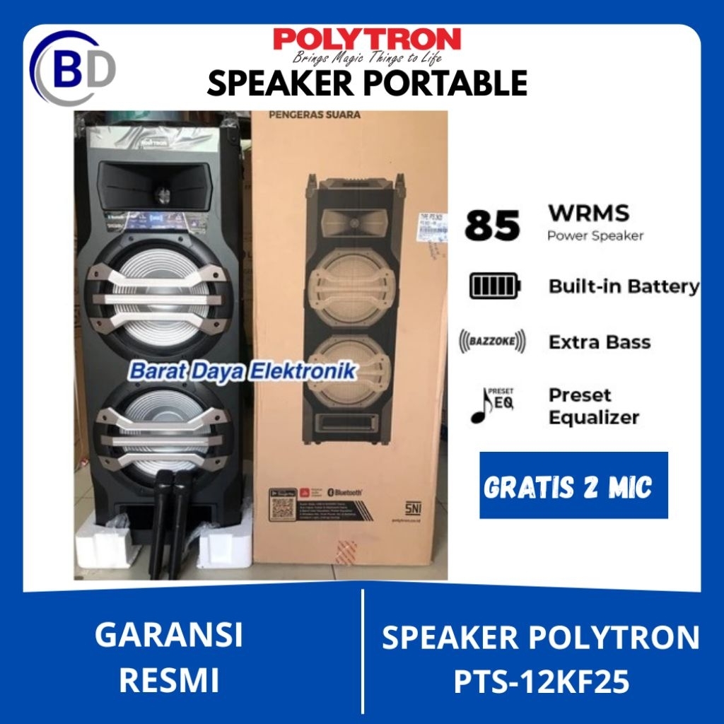 POLYTRON SPEAKER AKTIF PTS 12KF25 SPEAKER PORTABLE KARAOKE BLUETOOTH USA FREEE MIC 2 BH ADA RADIO