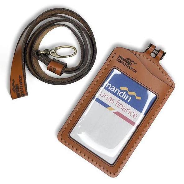 

ID Card kulit sapi asli custom logo Nametag lanyard tali dan ring 3 slot kartu