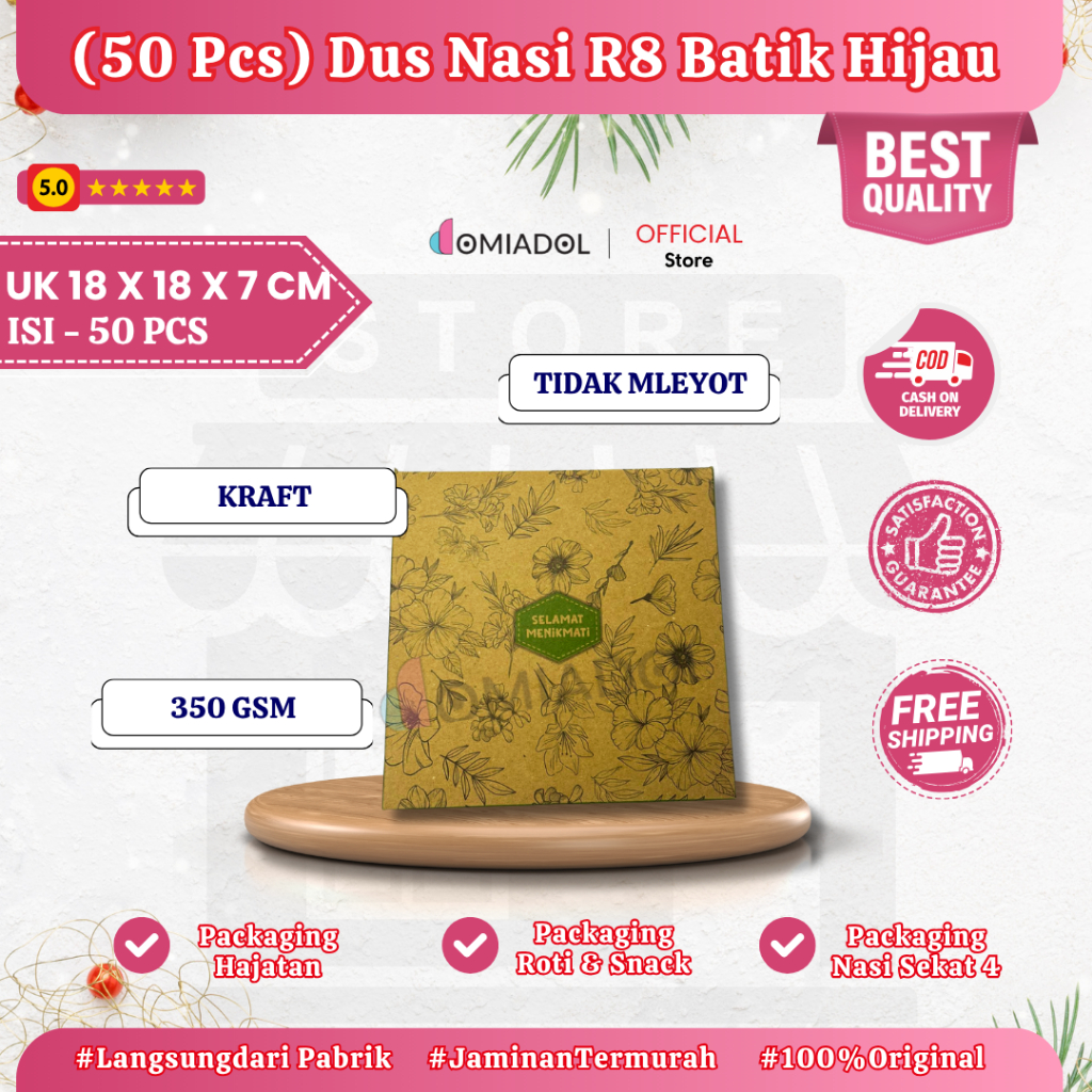 

(50 Pcs) Box Dus Nasi Kotak R8 Motif Batik Hijau Premium - Ukuran 18x18x7 cm