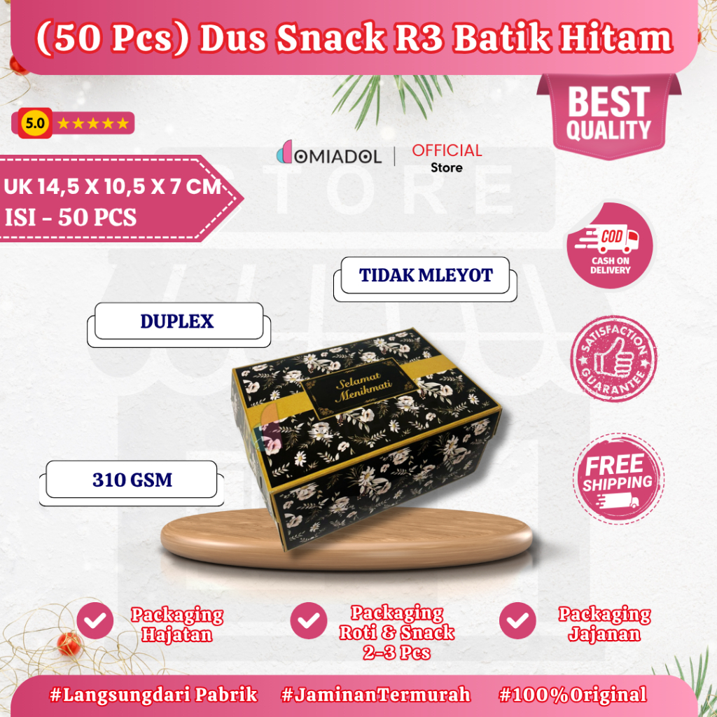 

(50 Pcs) Box Dus Kue R3 Motif Batik Hitam Premium - Ukuran 14,5x10,5x7 cm