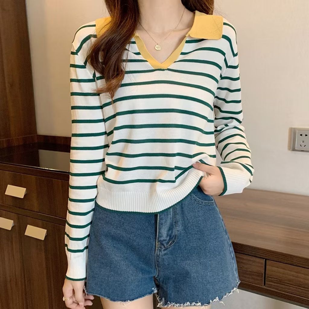 Knitwear Crop Stripe Hijau