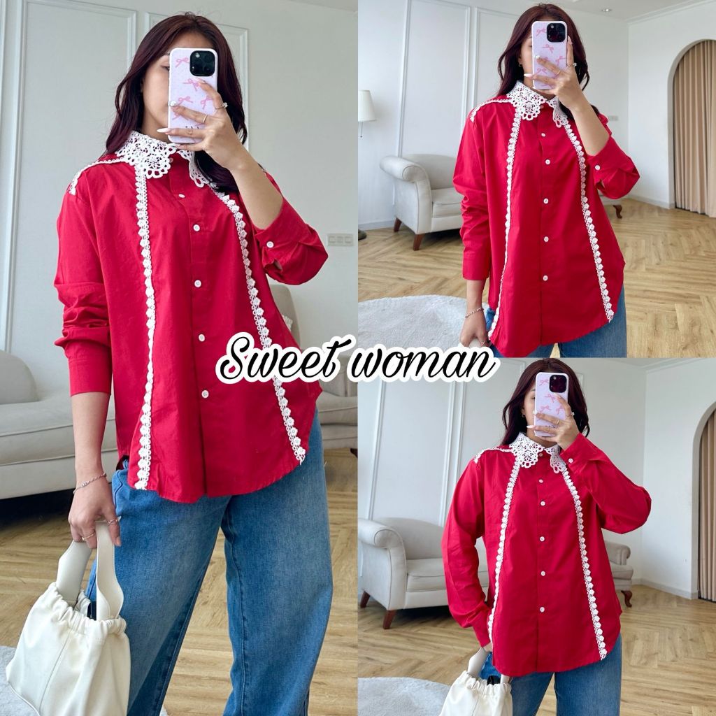 Sweet woman - kemeja merah putih brokat wanita