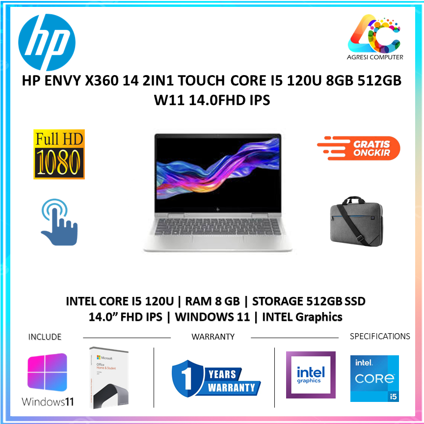 HP ENVY X360 14 2IN1 TOUCH CORE I5 120U 8GB 512GB W11 14.0FHD IPS