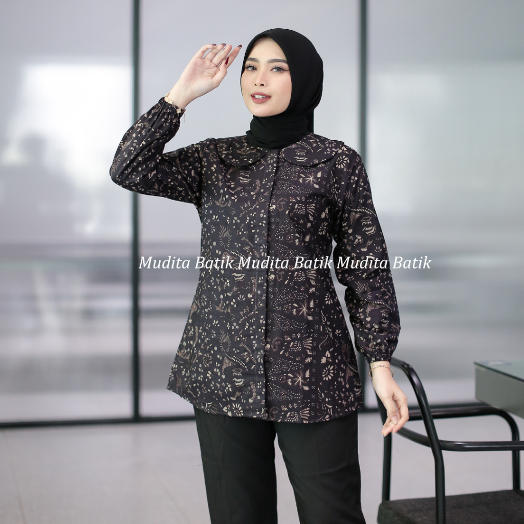 Batik Mudita Motif Mecca Batik Wanita Modern Kerja Katun Printing Halus Premium Warna Hitam