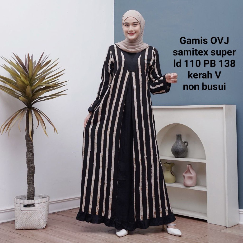 Gamis OVJ Hitam Putih Garis Batik Cap