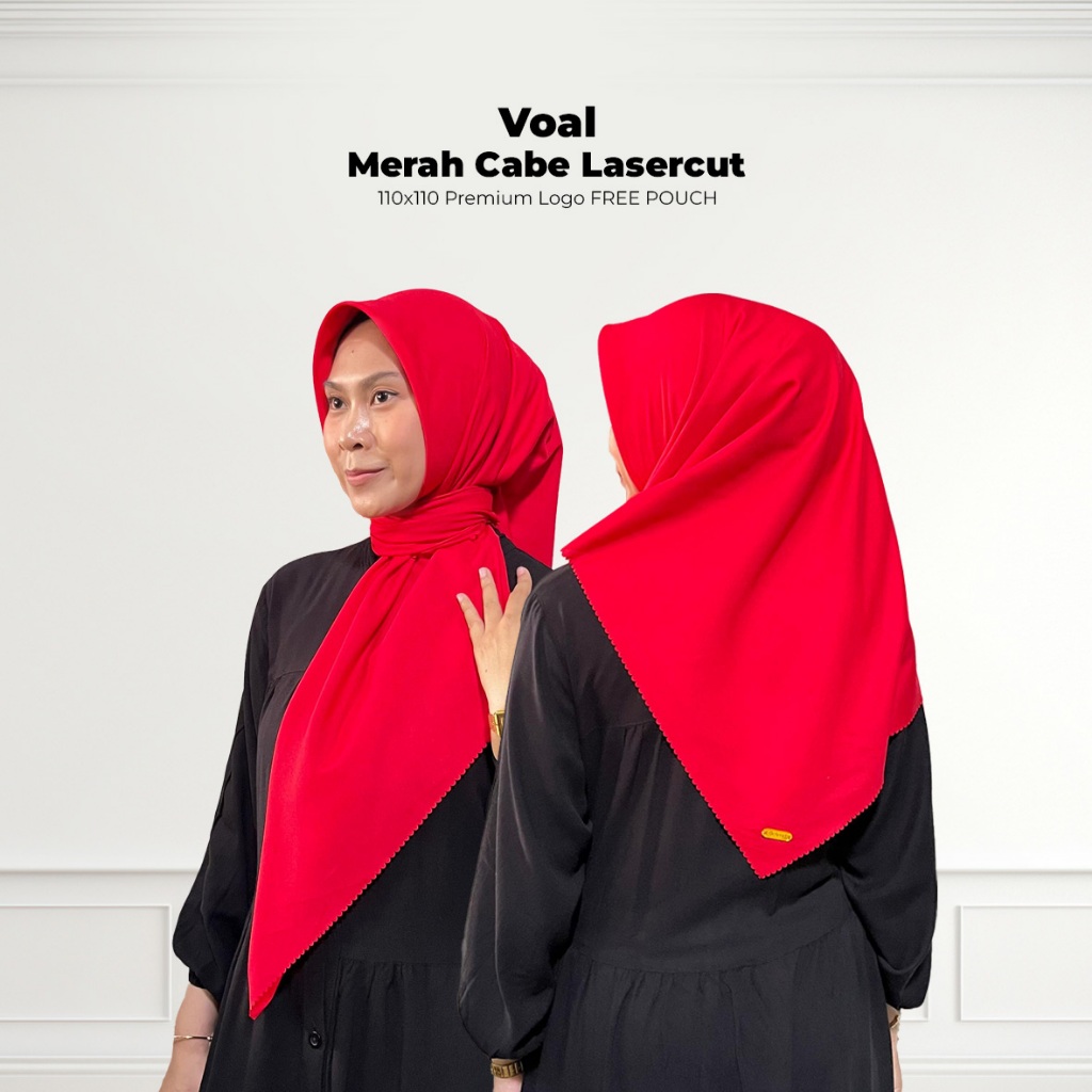 Segiempat Voal Merah Cabe Lasercut 110x110 Premium Logo (GRATIS POUCH) | Voal Merah Cabe Lasercut | 