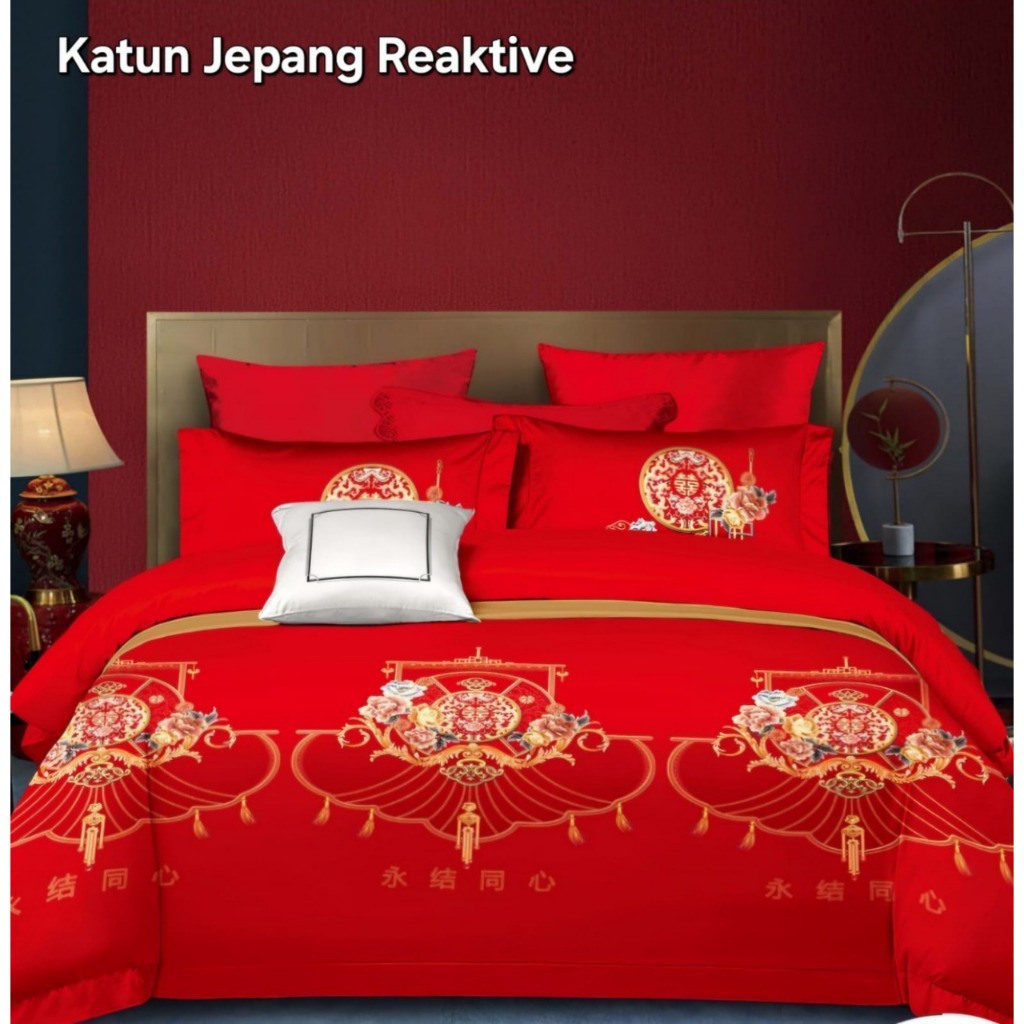 Bedcover Set Sprei Katun Jepang Merah Motif Wedding Imlek Chinese Motif  Shuangxi Naga & Hong