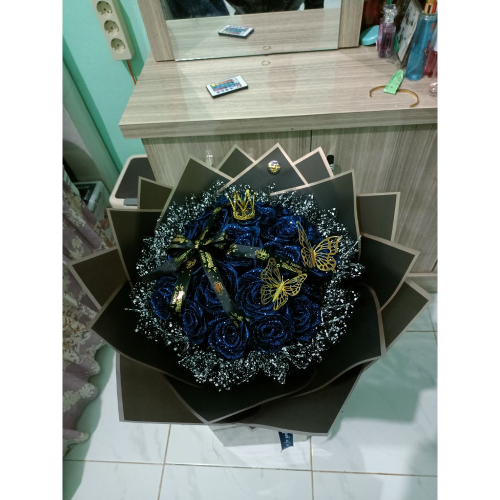 Buket pita satin biru navy gliter | buket bunga | buket uang |buket snack |buket wisuda