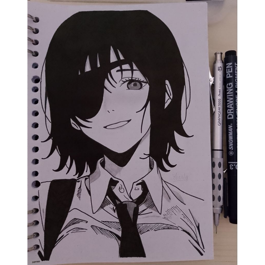 

Gambar sketsa karakter anime himeno chainsaw man hitam putih ukuran A5