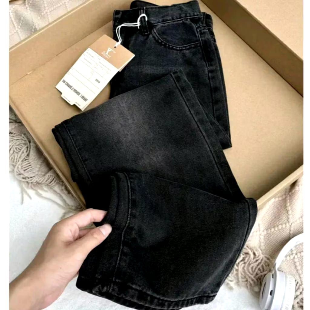 FREE ONGKIR [ UNISEX ] CELANA JEANS SKENA LOOSE COWOK/CEWEK KOREAN STYLE HAIGWAIST HITAM WISKER