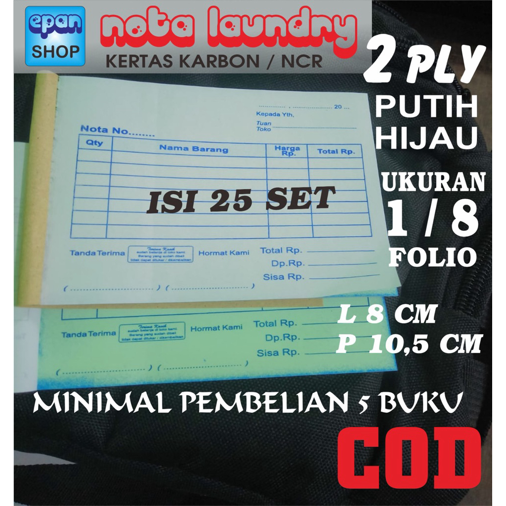 

Nota Kontan 2 Ply Ukuran 1/8 Folio ( L : 8 Cm, P : 10,5 Cm ) isi 25 Set. Ready Stock