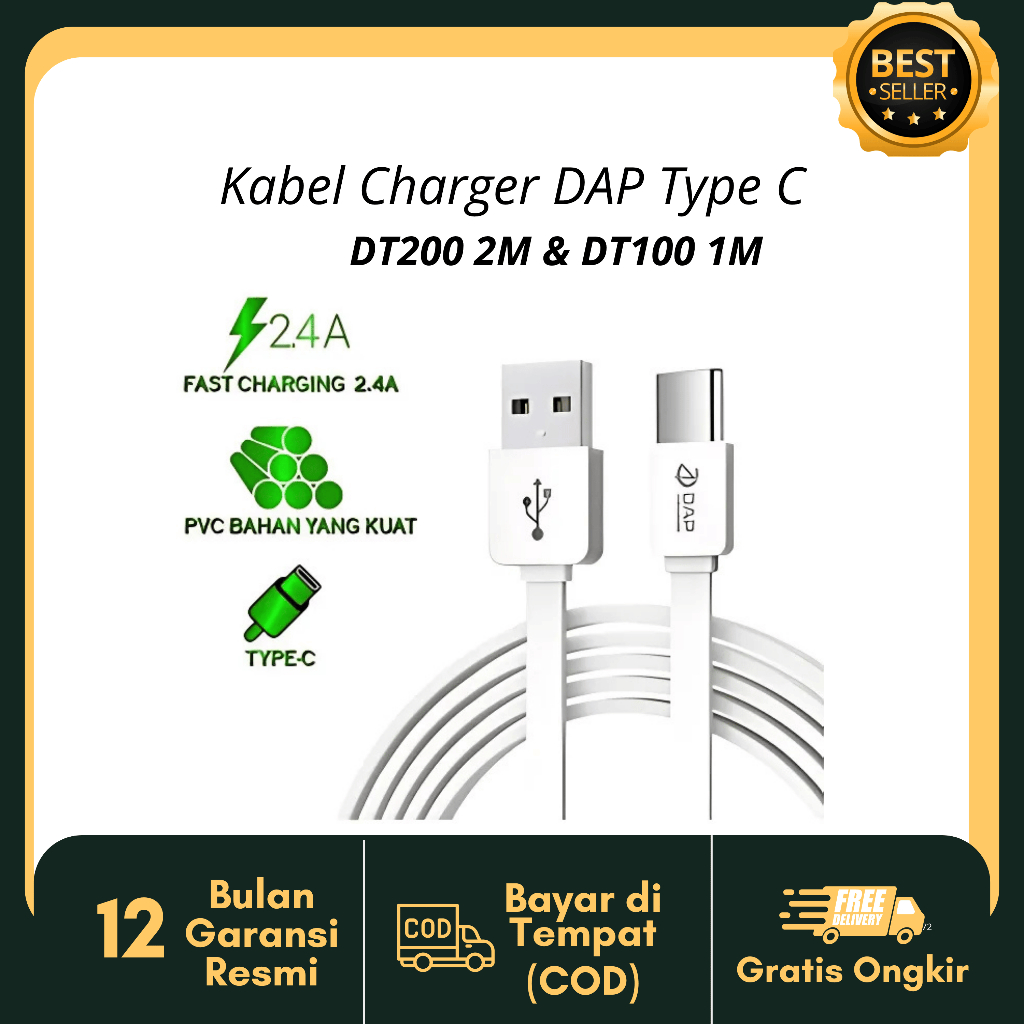 DAP Kabel Data Type-C Fast Charging 2.4A DAP DT200 2M & DT100 1M Original DAP