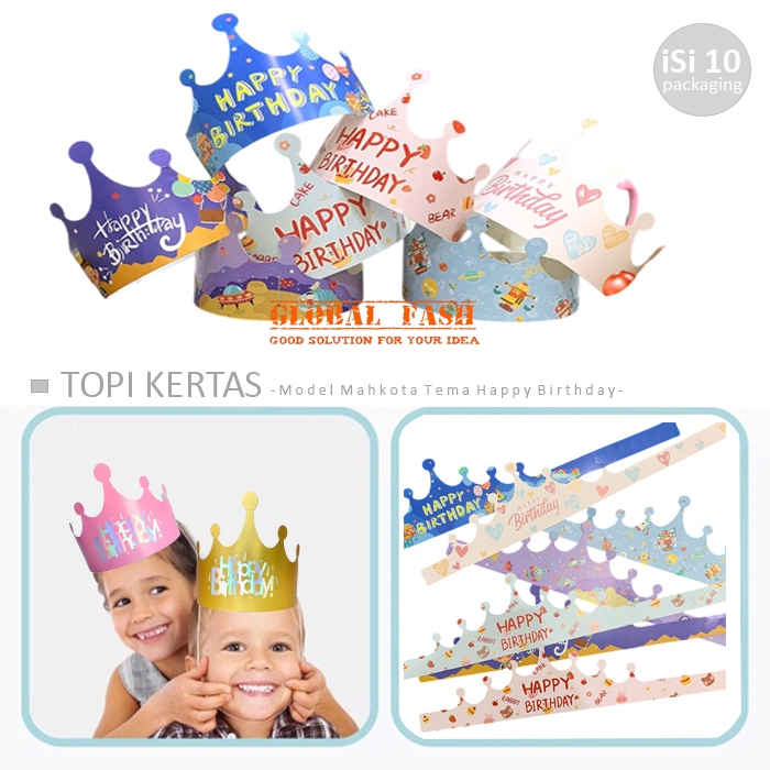isi 10 Topi HBD Kertas Mahkota / Topi Ulang Tahun Mahkota Kertas / Topi Ultah Mahkota Motif HBD