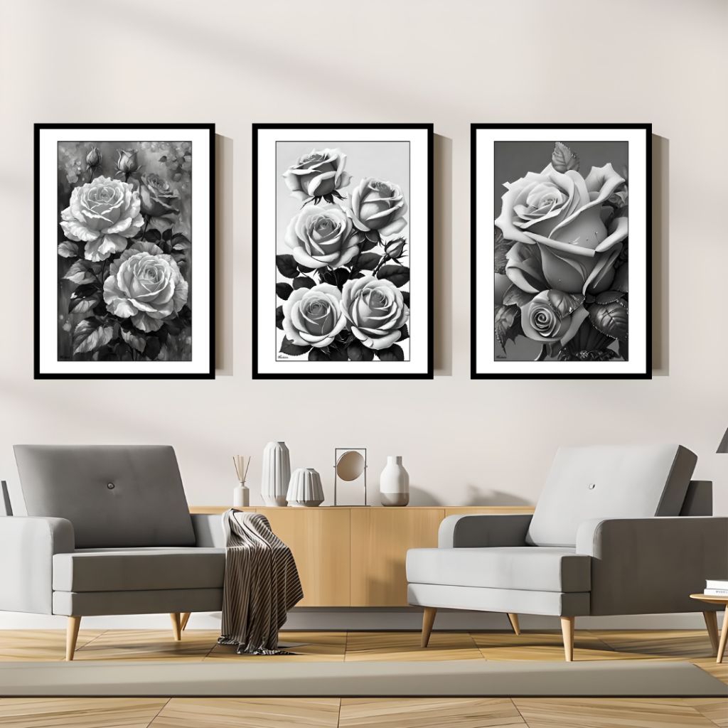 HIASAN DINDING AESTHETIC BUNGA HITAM PUTIH DEKORASI RUANGAN KAMAR RUMAH TEMA HITAM PUTIH WALLDECOR B