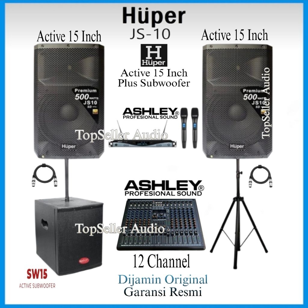 Paket Sound System Speaker Aktif HUPER JS10 15 Inch Subwoofer 15 Inch Mixer 12 Ch Ashley Mic 2 Wirel