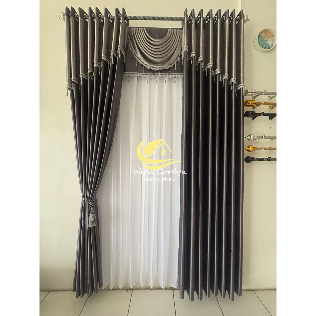 Gorden Jendela Set Poni Spanyol motiv woody abu kombinasi silver Uk L 150cm Hordeng Mewah Terbaru by