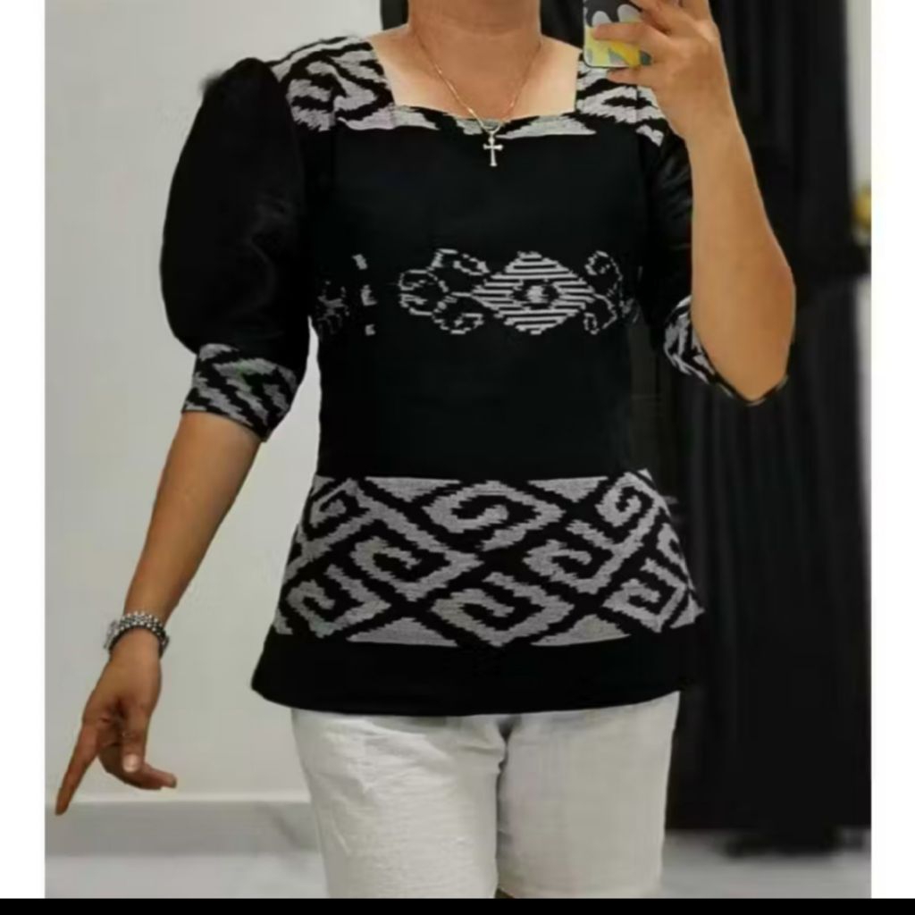 BLUS TUNIK ATASAN TENUN KOMBINASI POLOS