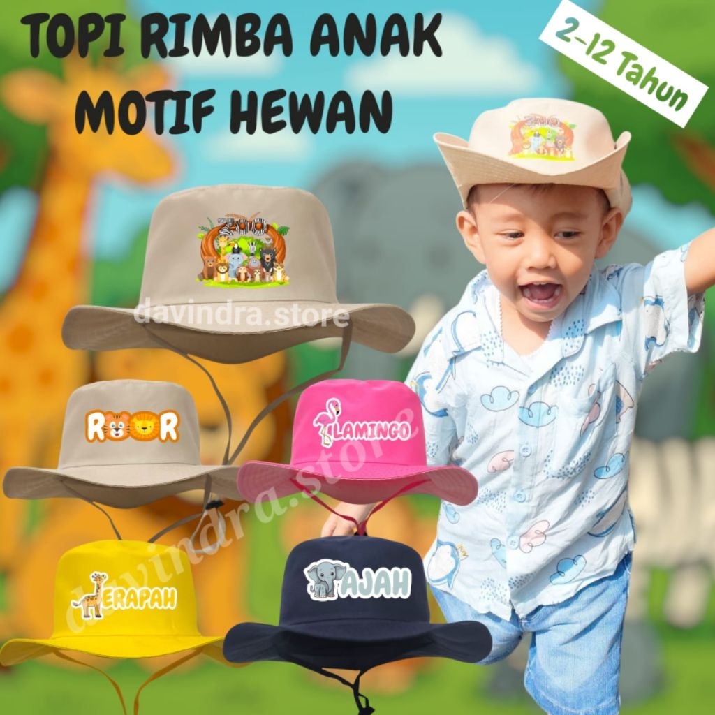 Topi Rimba Anak Motif Hewan Zoo Unisex 2-12 Tahun Topi Rimba Zoo Topi Rimba Safari