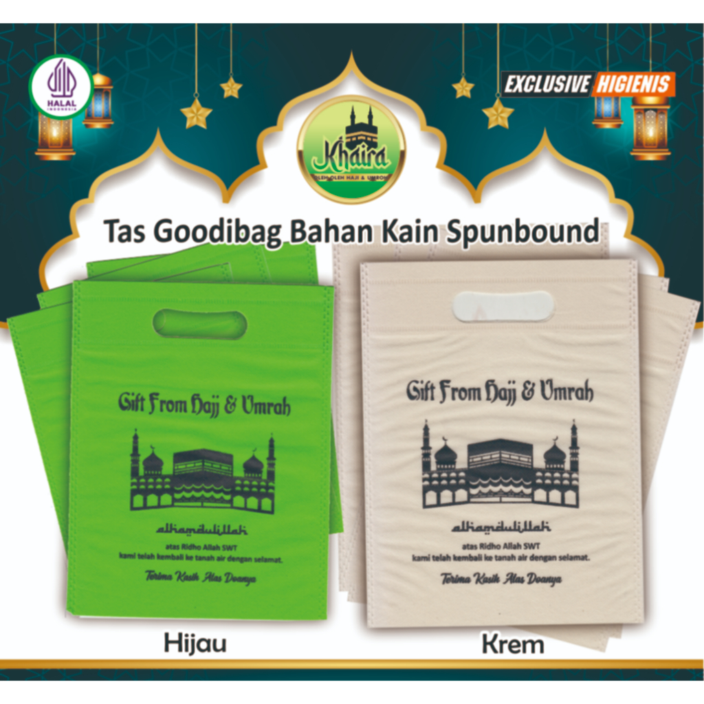 

TAS GOODIBAG HAJI & UMROH Bahan Kain Spunbond Motif Ka'bah, ukuran 20 X 26 cm (Harga Satuan)