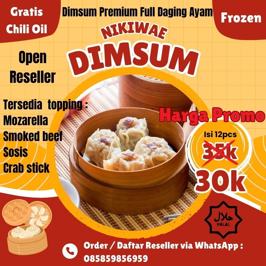 

Nikiwae-Dimsum Premium Frozen Full Daging Ayam Isi 12 Topping Mozarella, Smoked beef, Sosis, Crabstick Free Chili Oil