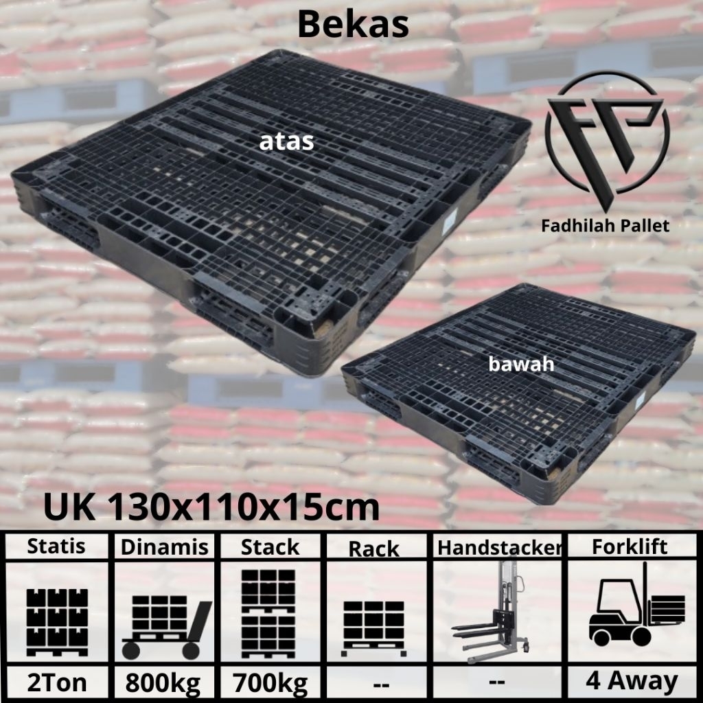 PALLET PLASTIK BEKAS DOBEL UK 130X110X12CM LANDASAN BARANG INDUSTRI  DI GUDANG UNTUK PENGIRIMAN BARA