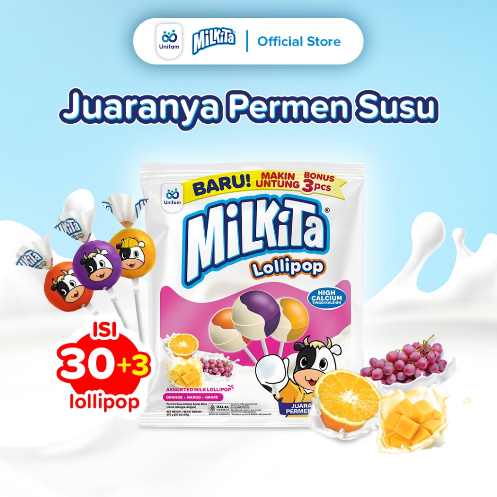 

Milkita Permen Lolipop Susu Max Refill - Milk Candy 1 Bag (Isi 30+3Pcs) - Rasa Jeruk, Mangga, Anggur