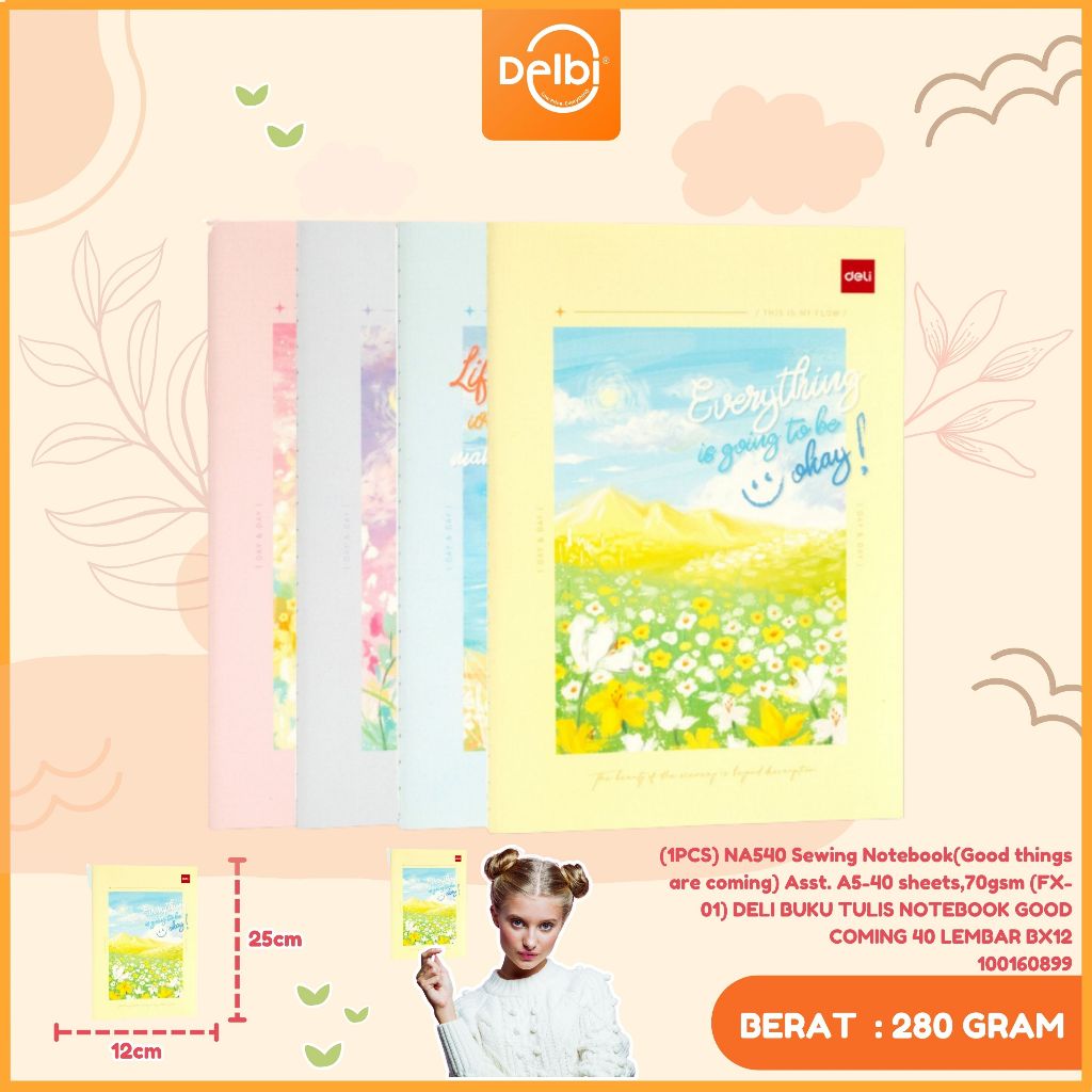 

(1PCS) NA540 Sewing Notebook(Good things are coming) Asst. A5-40 sheets,70gsm (FX-01) DELI BUKU TULIS NOTEBOOK GOOD COMING 40 LEMBAR