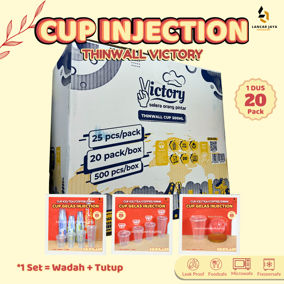 [DUS] Thinwall Victory Cup Gelas Injection+Tutup Bening Transparan 380 400 500 700 ml Cup Ice Coffee