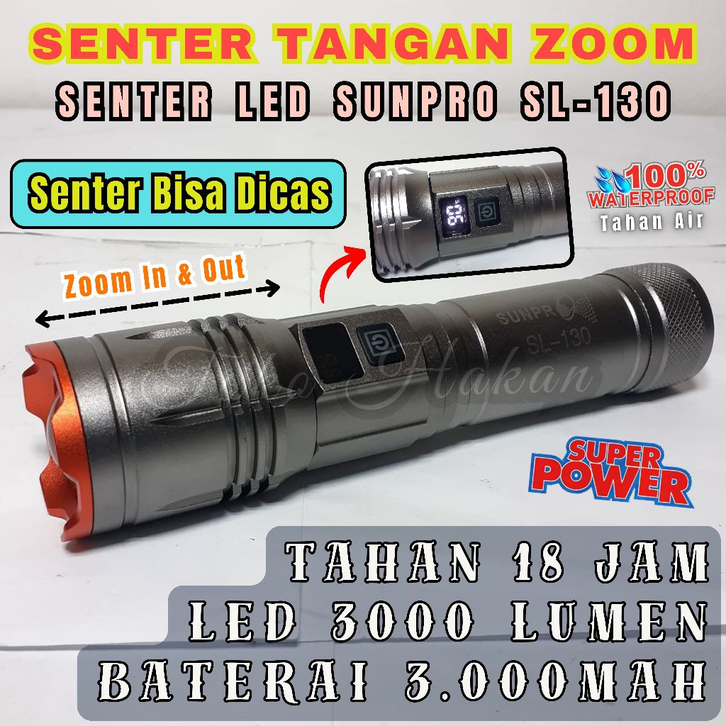 Senter Led Anti Air 30w SUNPRO SL-130 - Senter Tangan 30w 30 Watt LED Super Terang SL 130 Waterproof