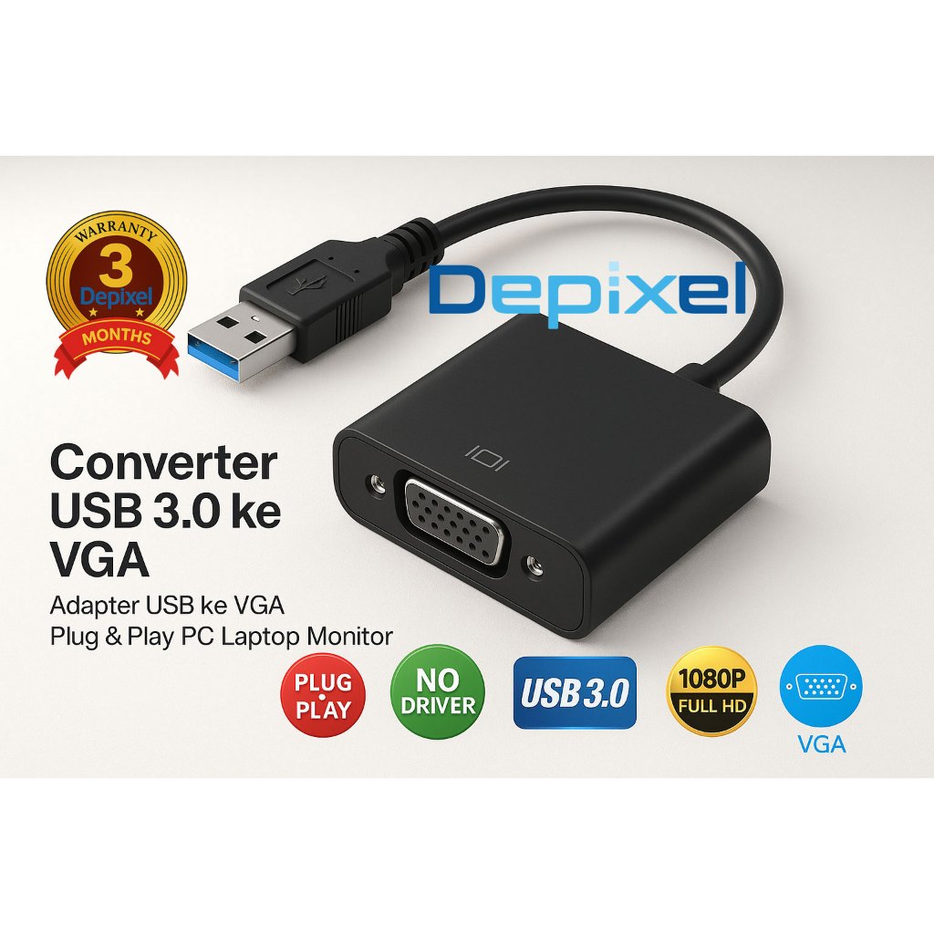 Depixel Converter USB 3.0 ke VGA – Adapter USB ke VGA Plug & Play PC Laptop Monitor Proyektor