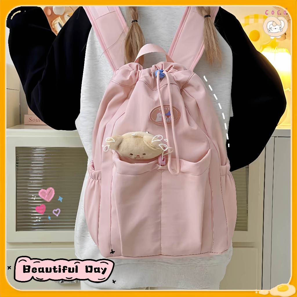 Tas Sekolah Desain Tali Serut/Ransel Pink Korea/Tas Sekolah Cewek Imut/Tas Sekolah Berkapasitas Besa