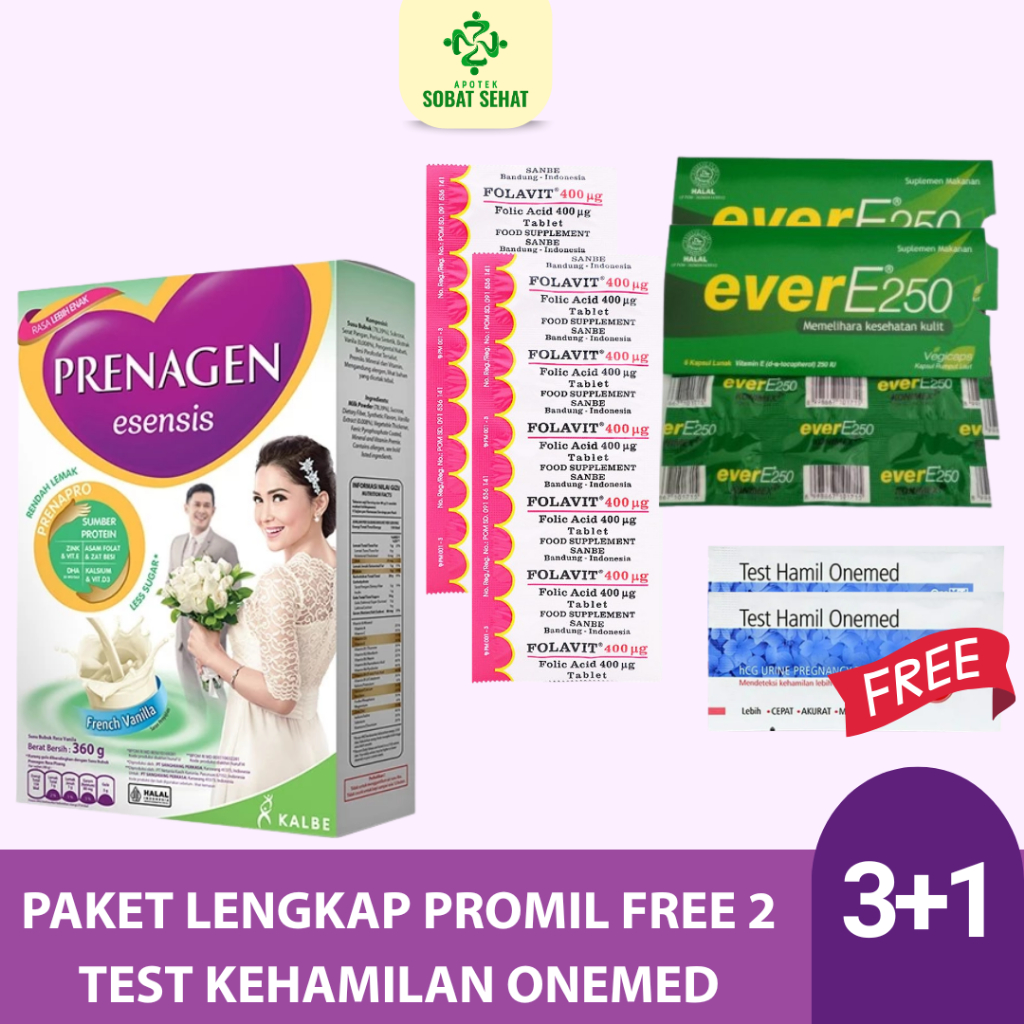 PAKET PROMIL LENGKAP [ 1BOX Prenagen Esensis French Vanilla 360gr + 2 Strip Folavit 400 Mcg + 2 Stri