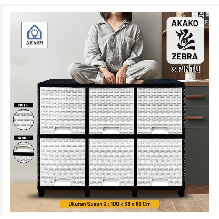LEMARI PLASTIK AKAKO ZEBRA 3 PINTU 2 SSN/3 SSN HITAM PUTIH / LEMARI PLASTIK