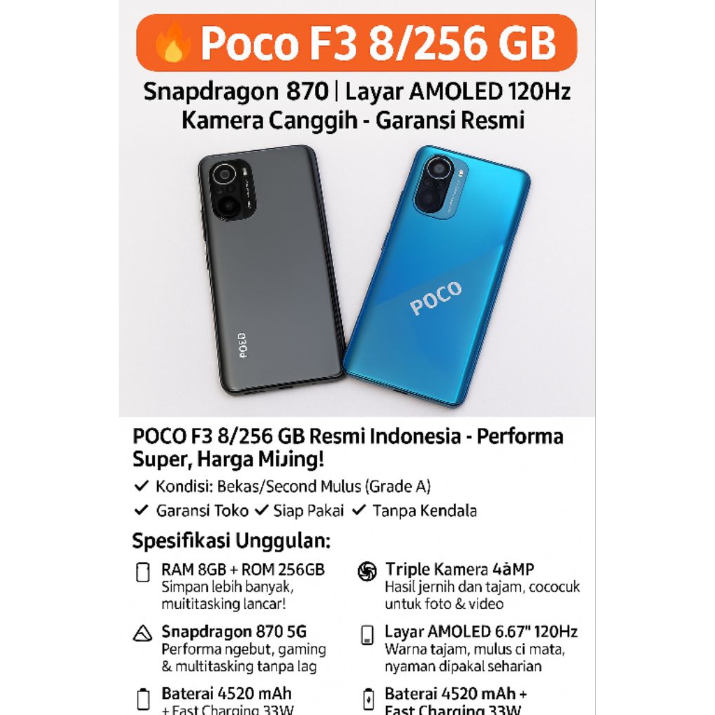 Poco F3 8/256 GB Snapdragon 870 layar amoled garansi resmi