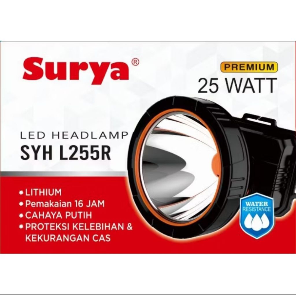 surya syh l255r senter kepala 25watt cahaya putih kualitas terbaik tahan lama anti air tahan hingga 