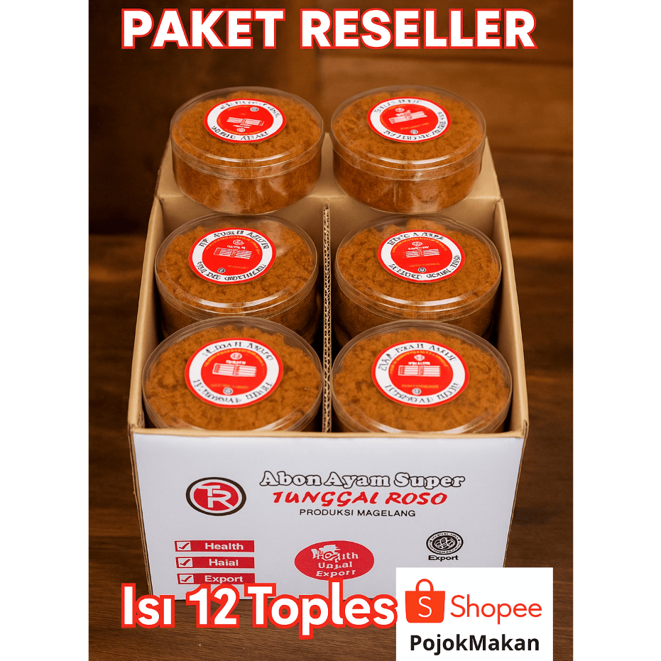 

(PAKET RESELLER) Abon Ayam Tunggal Roso isi 12 Toples x 100gram Lauk Praktis Enak Tanpa MSG