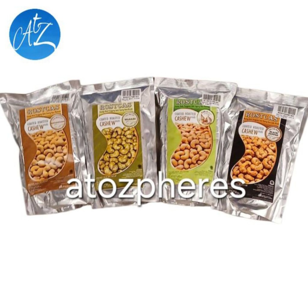 

Kacang mede panggang salut tepung rasa mayonais bawang putih lada hitam pedas halal MUI ROSTCAS Black Pepper BlackPepper Wasabi Mayonnaise Garlic flavour COATED ROASTED CASHEW NUTS nut 197g