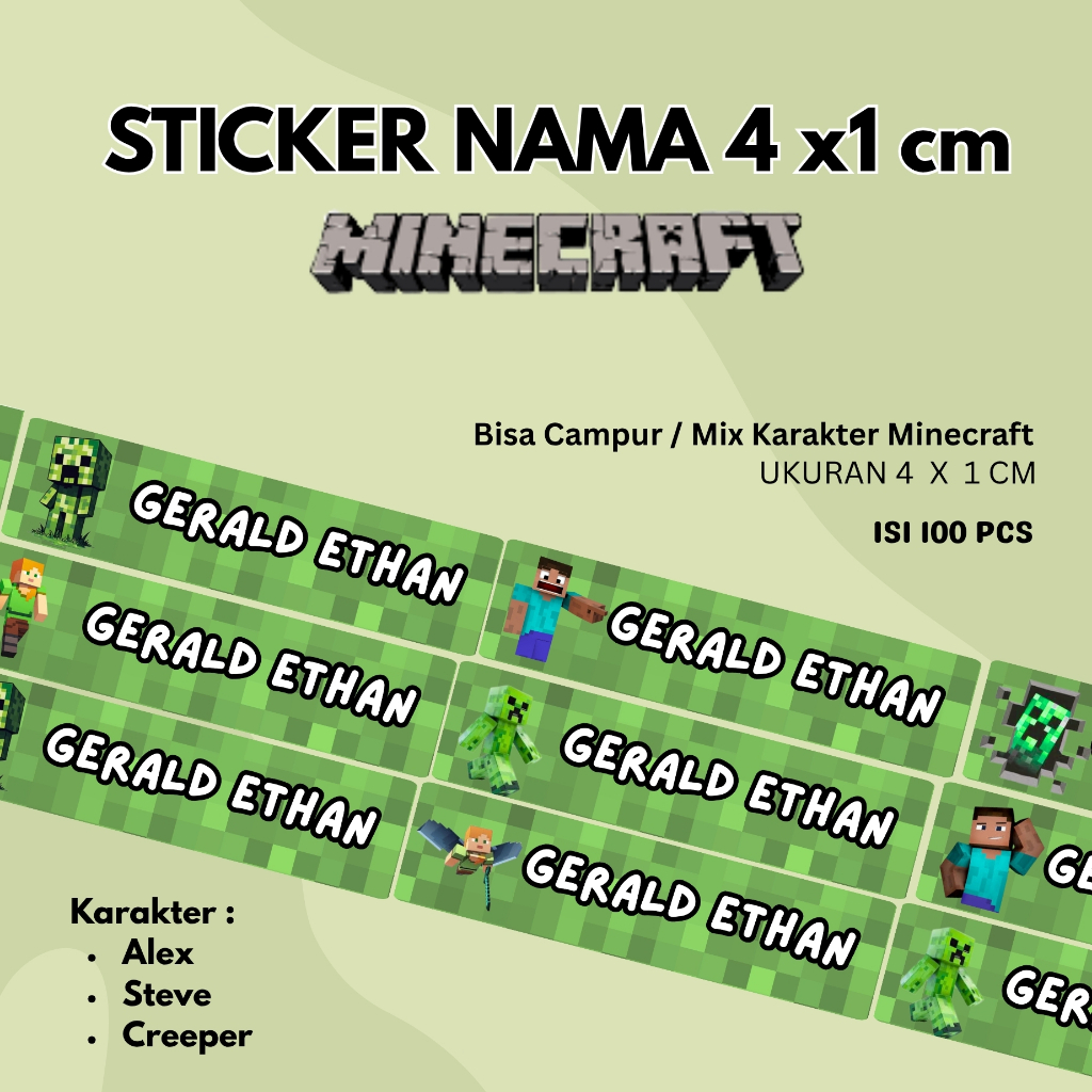 

100 pcs Siap kirim Sticker Nama minecraft Ready 4x1 cm / 5 x 2 cm / Custom Sticker Tahan Air