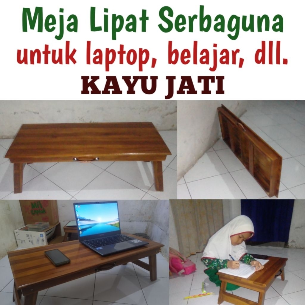 Meja lipat kayu jati untuk belajar / ngaji, laptop, komputer, printer, dll.lesehan lantai. dampar.ka