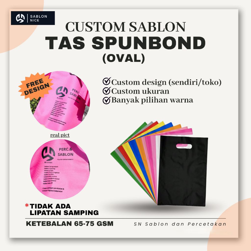 

Custom Sablon Tas Spunbond Plong Oval | untuk Tas Optik Ultah Seminar Souvenir