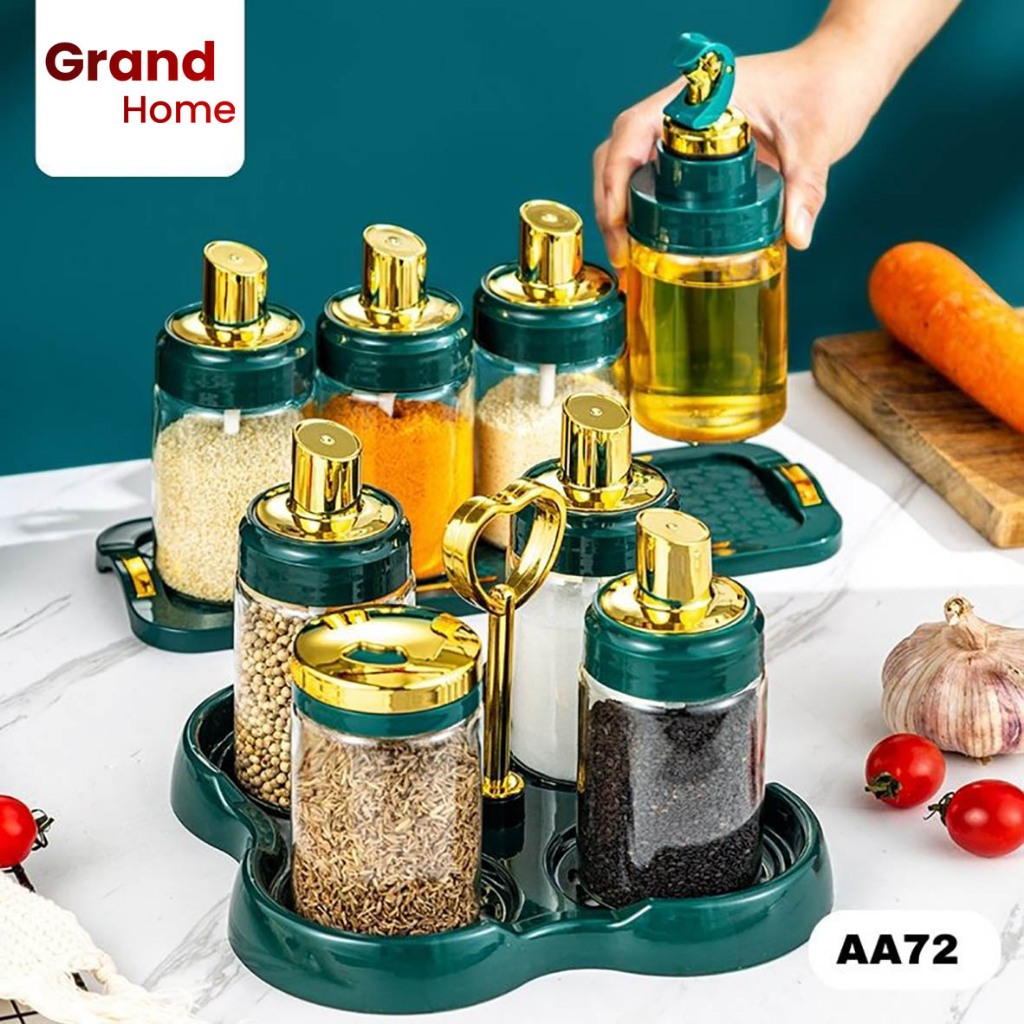 Tempat Bumbu Dapur Set Kaca dengan Tray / Tempat Bumbu Dapur Set Aesthetic AA72