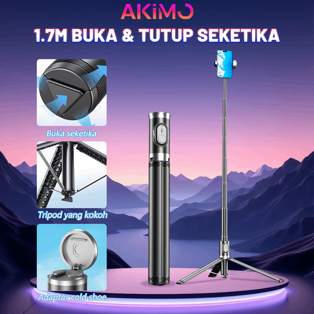 AKIMO Automatic Pop Up 170CM Tripod Bluetooth Tongsis Aluminium Alloy Tongsis Magnetik Remote HP Hol