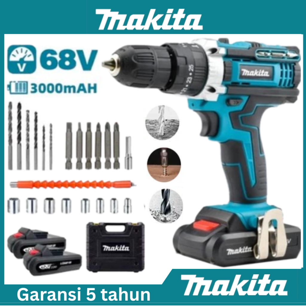 Makita Dikirim dalam waktu 6 jam Bor Tanpa Kabel Bor Tangan Ringan Daya Tinggi 2 Baterai Multifungsi