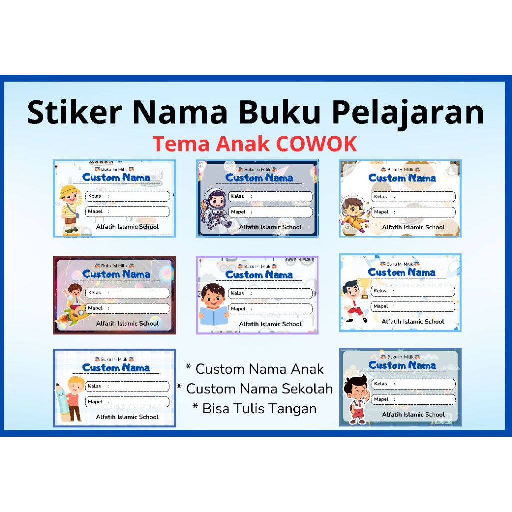 

20 PCS Stiker Label Nama Buku Sekolah Anak Laki Laki | Costum Nama dan Sekolah
