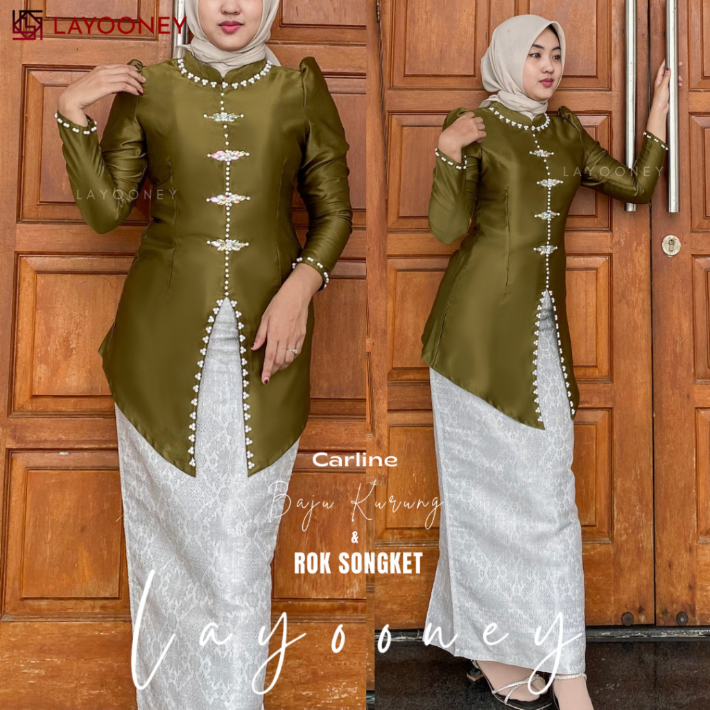 Carline One Set Setelan Baju Kurung Rok Songket Wanita Melayu Modern Slimfit Pakaian Kondangan Pesta