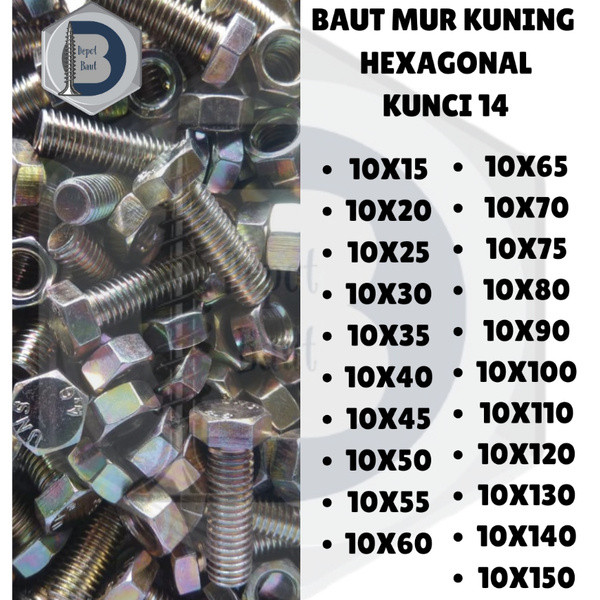 PAKET 1 SET BAUT 14 + MUR M10 (PANJANG 1.5CM-15CM) KUNING KUNCI 14 DRAT PITCH 1.25