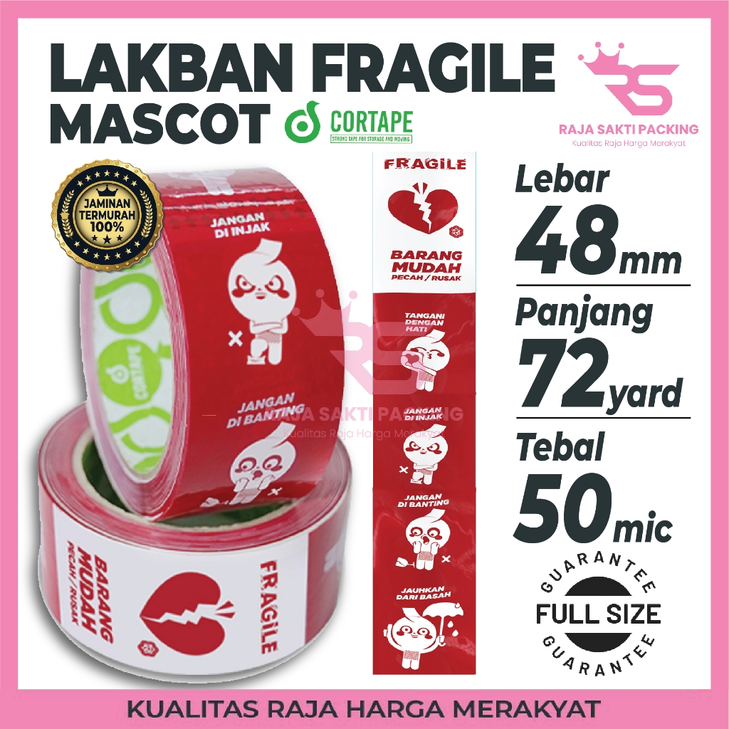 

Lakban Selotip OPP Tape Printing Fragile Mascot Lucu 2inch 48mm x 72yard Harga Termurah Satuan